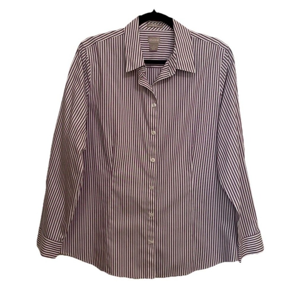 CHICOS Size 2 Womens Large Top No Iron Cool Max Long Sleeve Purple White Striped